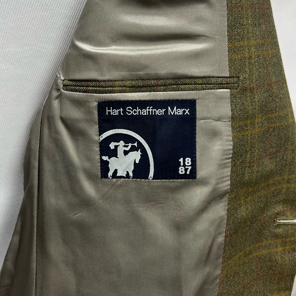 Hart Schaffner Marx Men's 43R Olive Windowpane Plaid 2-Button Blazer Suit Jacket - Picture 7 of 9